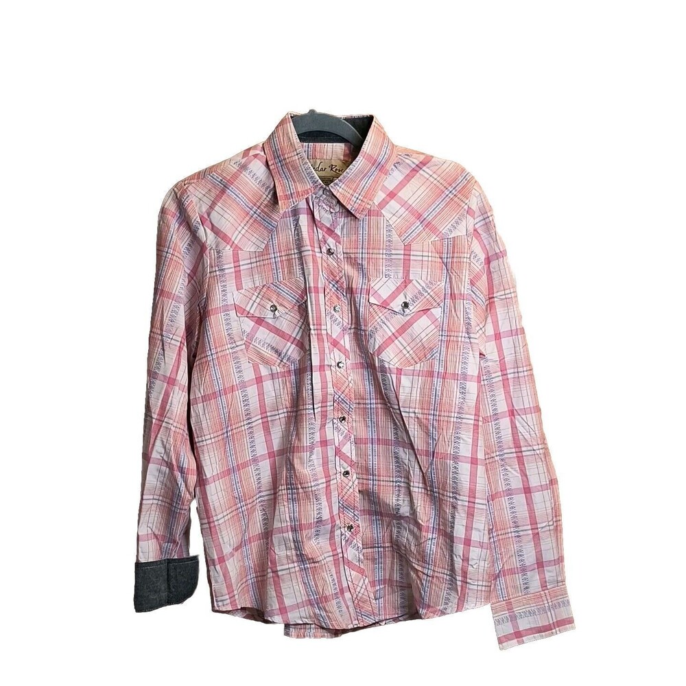 Cedar Rose Western Plaid Top Women's Large Pink Plaid Snap Buttons NWT